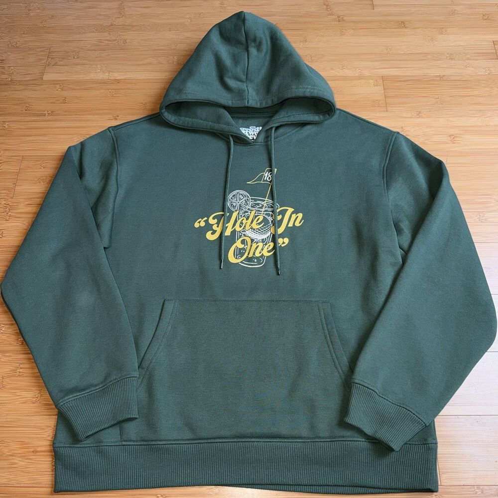 Goodie Two Sleeves Hole In One Hoodie Green Mens M Pun Graphic Pullover Golf